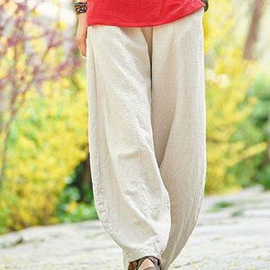 Women's Casual Cotton Linen Baggy Pants with Elastic Waist Relax Fit Lantern Tro